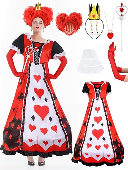 Photo 1 of 8 Pcs Halloween Queen Costume Set Red Women's Dress Heart Crown Cane Wig Queen Cosplay Accessories for Women
