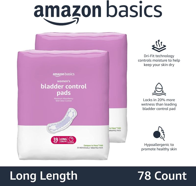 Photo 1 of 
Amazon Basics Almohadillas de incontinencia para mujer, control de vejiga y posparto, máxima absorción, sin perfume, 78 unidades, (2 paquetes de 39)