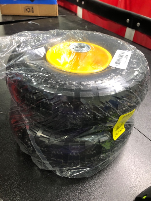 Photo 2 of 10In Solid Rubber Tire Wheels with 5/8" Bearings, 2.17" Offset Hub. 4.10/3.50-4 Flat Free Tires Replacement For Gorilla Carts,Hand Truck,Garden cart, 440lbs Capacity