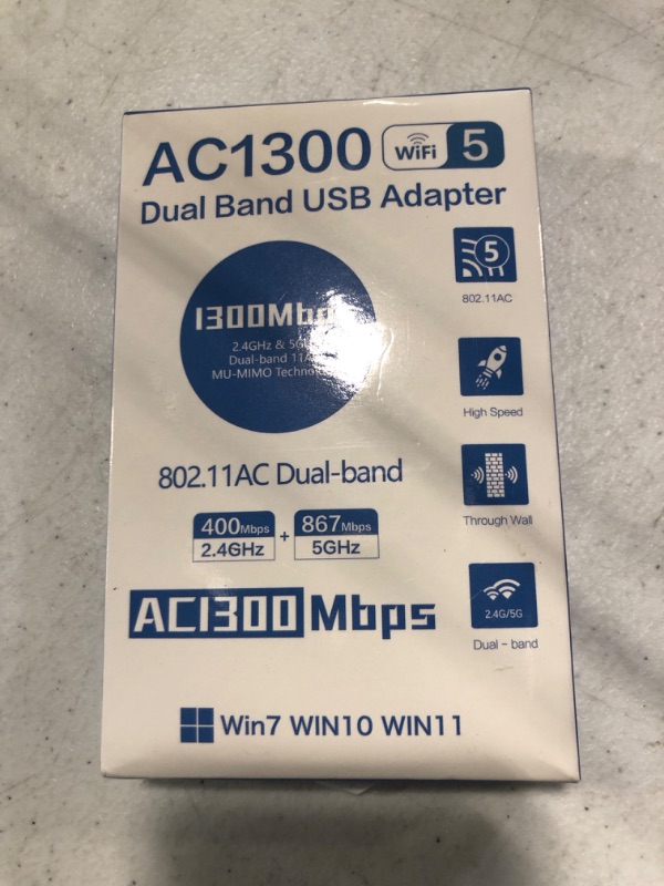 Photo 1 of Wireless USB 3.0 WiFi Adapter for Desktop PC, AC 1300Mbps USB WiFi Dual-Band Network Adapter for PC with 2.4G/400Mbps 5G/867Mbps, 5GHz High Gain Dual Band 5dBi Antenna, Supports Win11/10/8.1/8/7/XP
