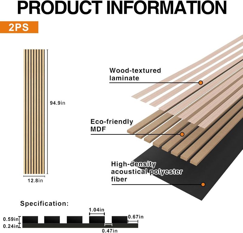 Photo 1 of Acoustic Wood Wall Panels, 2-Pack 94.5" x 12.6" Soundproof Wall Panels, Wood Slat Wall Panels for Wall Decor, Natural Oak