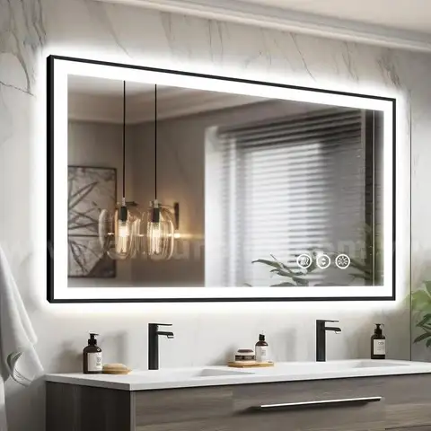 Photo 1 of 55x36 Lighted Mirrors for Bathroom Wall, Front and Backlit Modern Mirror, Black Rim Mirror, Changeable Colors, Dimmable Brightness, Anti-Rust, Anti-Corrosion, ETL Listed, Horizontal/Vertical