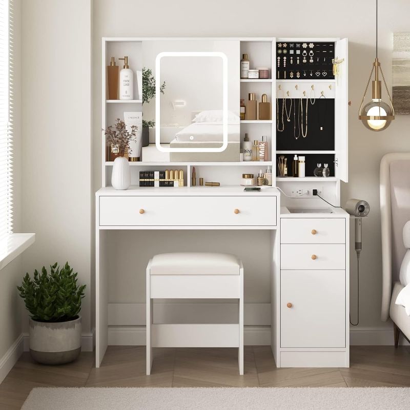 Photo 1 of ***Stock photo is a similar item*** Vanity Desk with Mirror and Lights, Vanity Table Makeup Vanity with Lights 3 Drawers and Cabinets, Charging Station & Sliding Door, Lots Storage Shelves