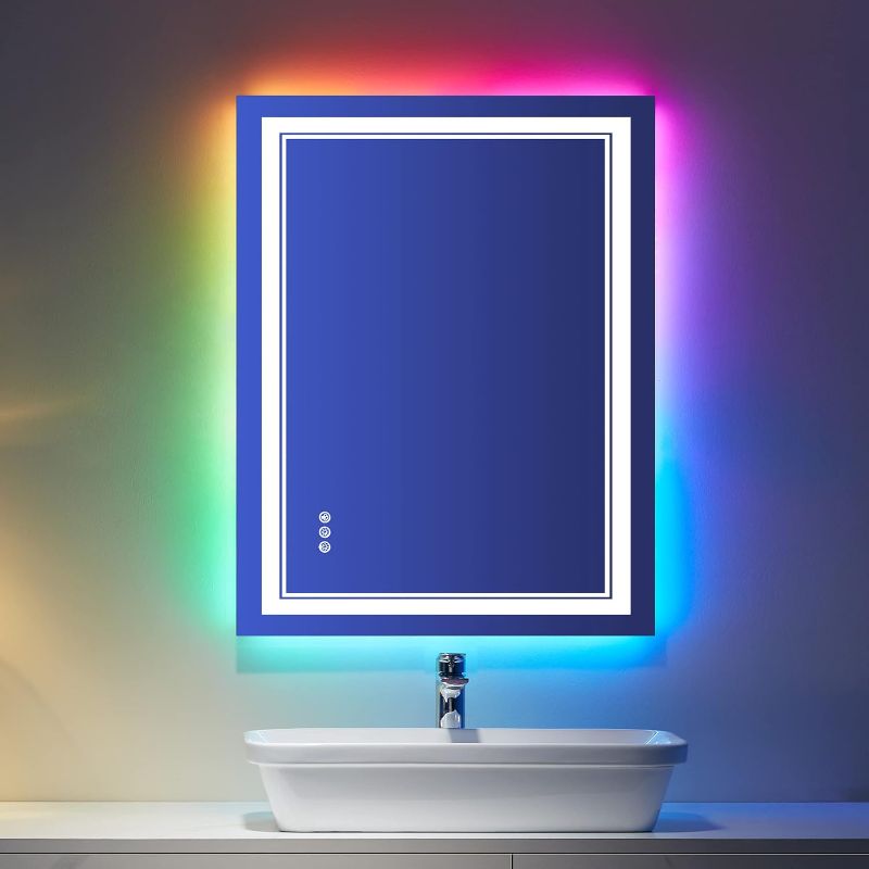 Photo 1 of 28x36 inch LED Bathroom Mirror RGB Color Changing Backlit Mirror Shatterproof Dimmable Anti-Fog Vanity Mirror with Double Lights (RGB Multicolor Backlit + Adjustable Front-Lighted)