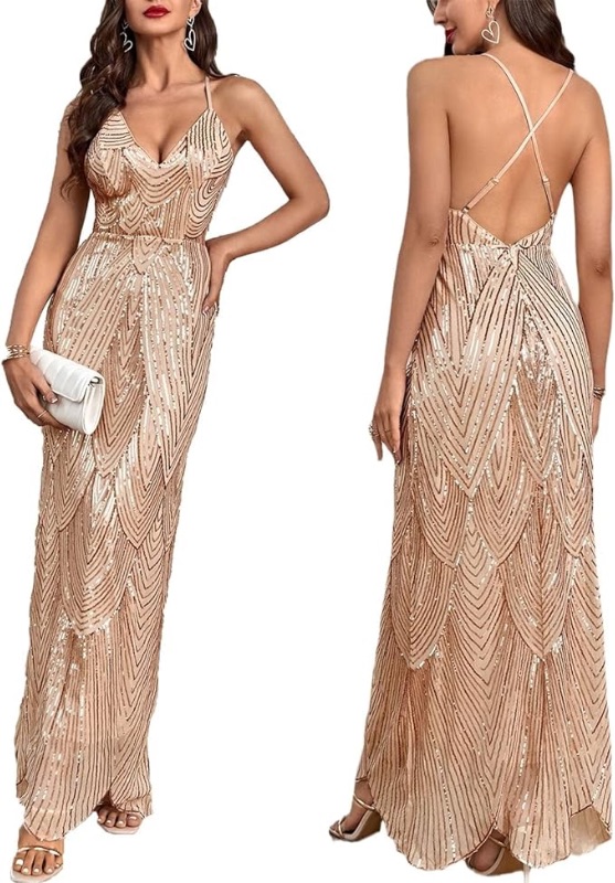 Photo 1 of Women's V Neck Spaghetti Straps Sequin Sparkly Glitter Irregular Hem Prom Dress Bcakless Maxi Evening Gowns M Beige