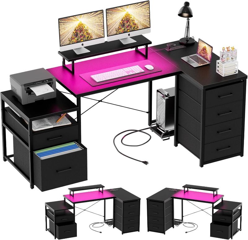 Photo 1 of ***Stock photo is a different color*** Unikito Reversible L Shaped Computer Desk with Fabric File Drawers, 70.8" Large Office Corner Desk with RGB LED Lights & Power Outlets & Monitor Stand & CPU Stand, Sturdy L Shape Gaming Desk, White