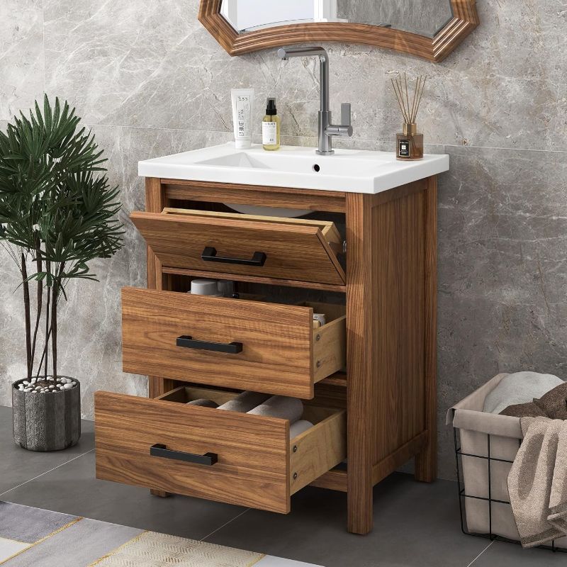 Photo 1 of 24'' Freestanding Bathroom Vanity Cabinet  Modern Storage 3 Drawers Brown Contemporary Wood Finish Includes Hardware