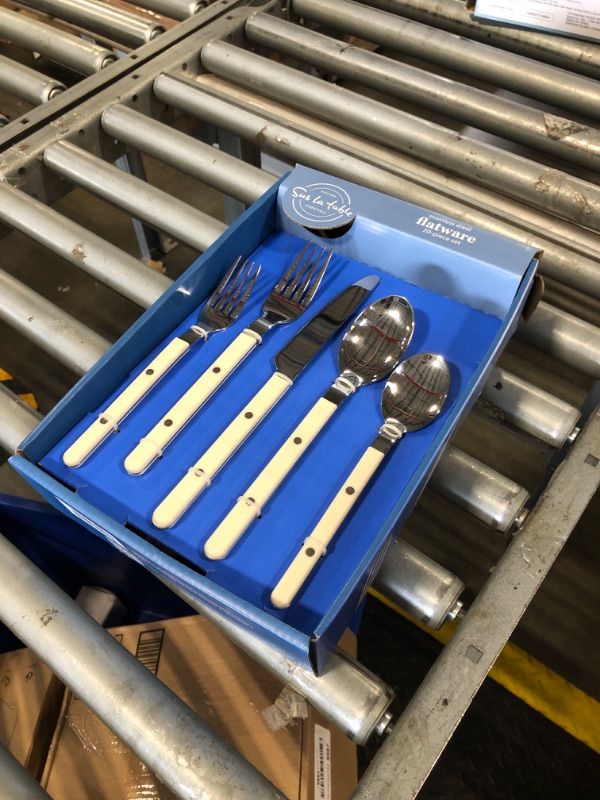 Photo 2 of ***Missing a set*** Sur La Table Kitchen Essentials 20 Piece Flatware Silverware Set - Stainless Steel Utensils - Forks, Spoons, Knives - Linen