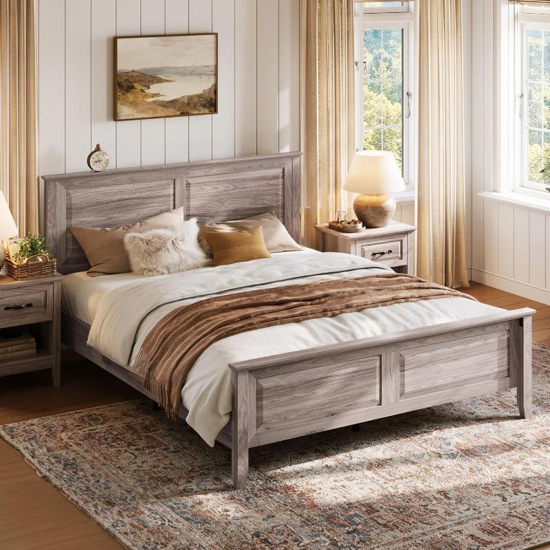 Photo 1 of ***Damage shown in last photo*** LINSY Wood Queen Bed Frame with Headboard, Farmhouse Bed Frame Queen Size with High Footboard, Wood Bed Fast Assembly, Noise-Free, No Box Spring Needed - Grey