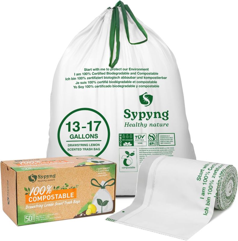 Photo 1 of 100% Biodegradable & Recyclable 13-17 Gallon Compost bags,Drawstring with Heavy Duty Garbage Bags 50 Counts, ASTM D6400, US BPI & OK Compost Home Certified EN13432
