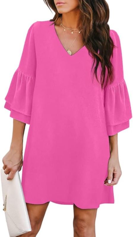 Photo 1 of BELONGSCI Women's 2023 Summer Dress Sweet & Cute V-Neck Bell Sleeve Shift Dress Mini Dress, Perfect for Wedding or Graduation, MEDIUM