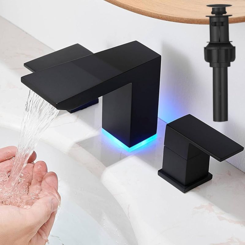 Photo 1 of ****used*****BESy Led 3 Hole Bathroom Sink Faucet, Matte Black Waterfall Wide Spread Bathroom Faucet with 3 Colors Light Changing, Widespread Vanity Faucet 2 Handle with Supply Lines with Pop Up Drain