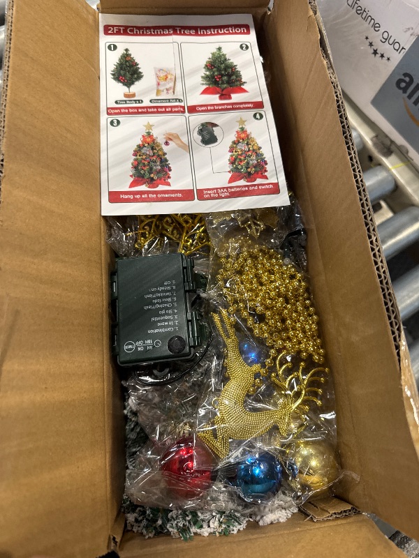 Photo 1 of 2FT Snow Flocked Christmas Tree, Mini Artificial Tabletop Christmas Tree, Small Christmas Tree with 60 LED Lights,100 Branch Tips and 58 Ornaments, Christmas Table Decor for Home Party