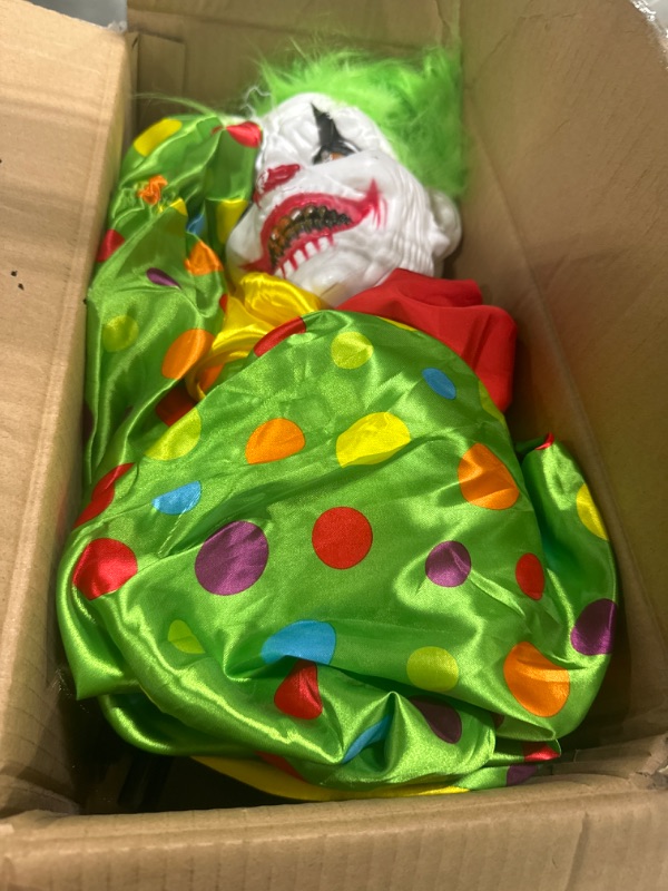 Photo 1 of 7ft/85in Halloween Animatronics Clown Decoration, Standing Talking Activated Life Size Clown with Glowing Red Eyes & Scary Sound for Halloween Haunted House, Indoor, Lawn Decor