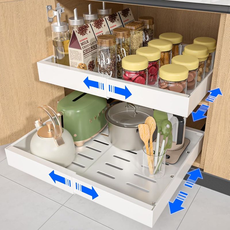 Photo 1 of 2 Pack Pull out Cabinet Organizer Expandable Width (12.6'' to 21'') Slide Out Drawers 16.9'' Deep Pull Out Drawers Fixed with Adhesive Nano Film or Nail for Kitchen Bathroom Organization, White