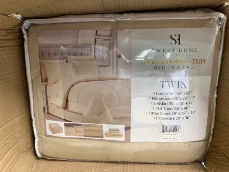 Photo 2 of ***  BOX WITH 4 SETS ***   Twin Comforter Set 6 Piece Bed in a Bag with Bed Skirt, Fitted Sheet, Flat Sheet, 1 Pillowcase, and 1 Pillow Sham, Twin, Dobby Beige