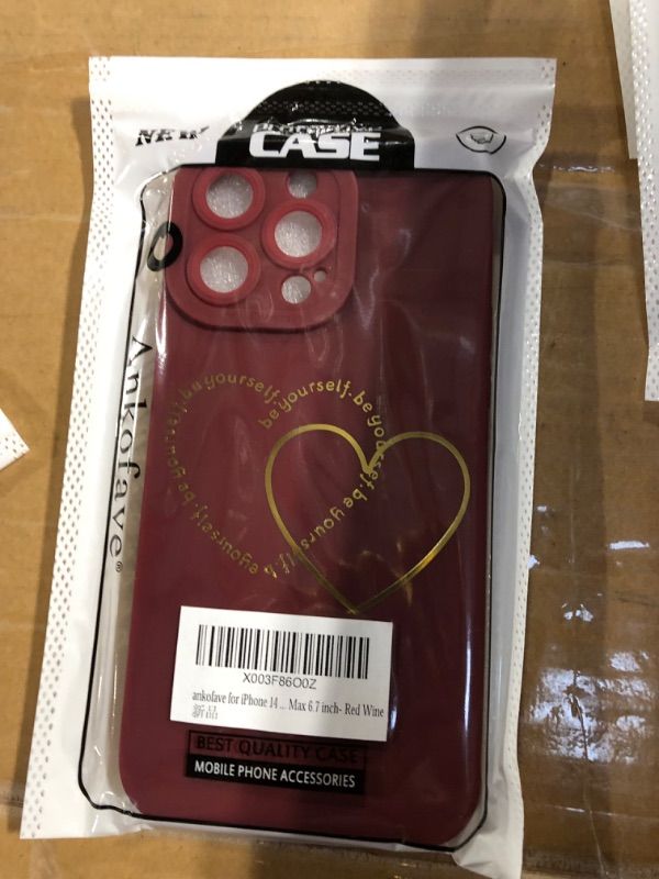 Photo 2 of ankofave for iPhone 14 Pro Max Case for Women Girls Cute, Gold Plated Letter Double Heart Case Soft Shockproof, Full Camera Lens Protective Phone Cases for iPhone 14 Pro Max 6.7 inch- Red Wine