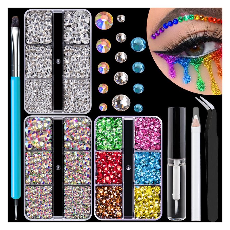 Photo 1 of 12Colorful Face Gems Kit with Makeup Glue, 2-6mm AB+Clear Glass Round Flatback Crystal + 2-5mm Resin Rhinestones for Hair Eye Makeup Body Art Manicure DIY Crafts with Dot-Brush Pen, Pickup Tools