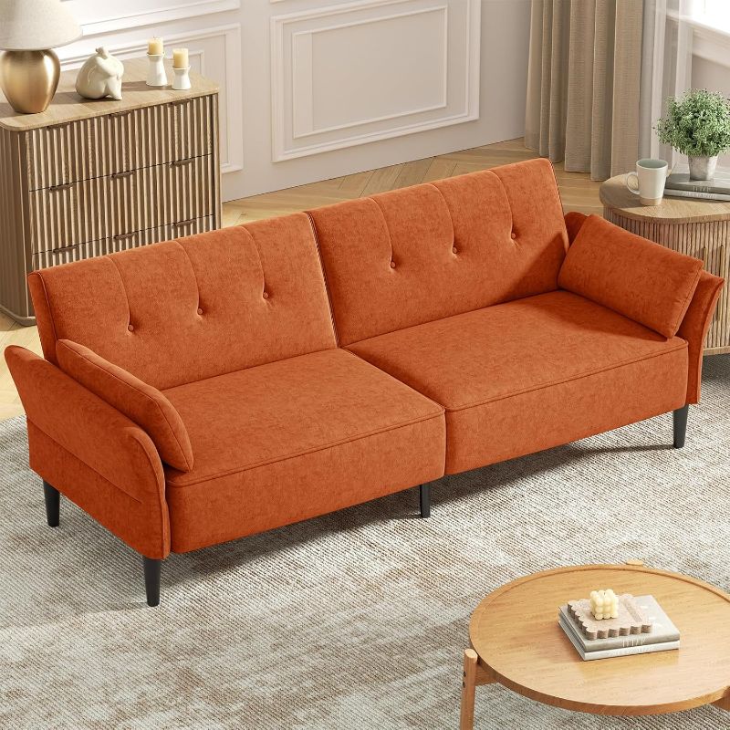 Photo 1 of 
89” Futon Sofa Bed, Comfy Futon Couch Bed with 2 Square Pillows, Convertible Sleeper Sofa with Adjustable Backrest& Armrests, Modern Loveseat Sleeper for Living Room, Bedroom, Burnt Orange
