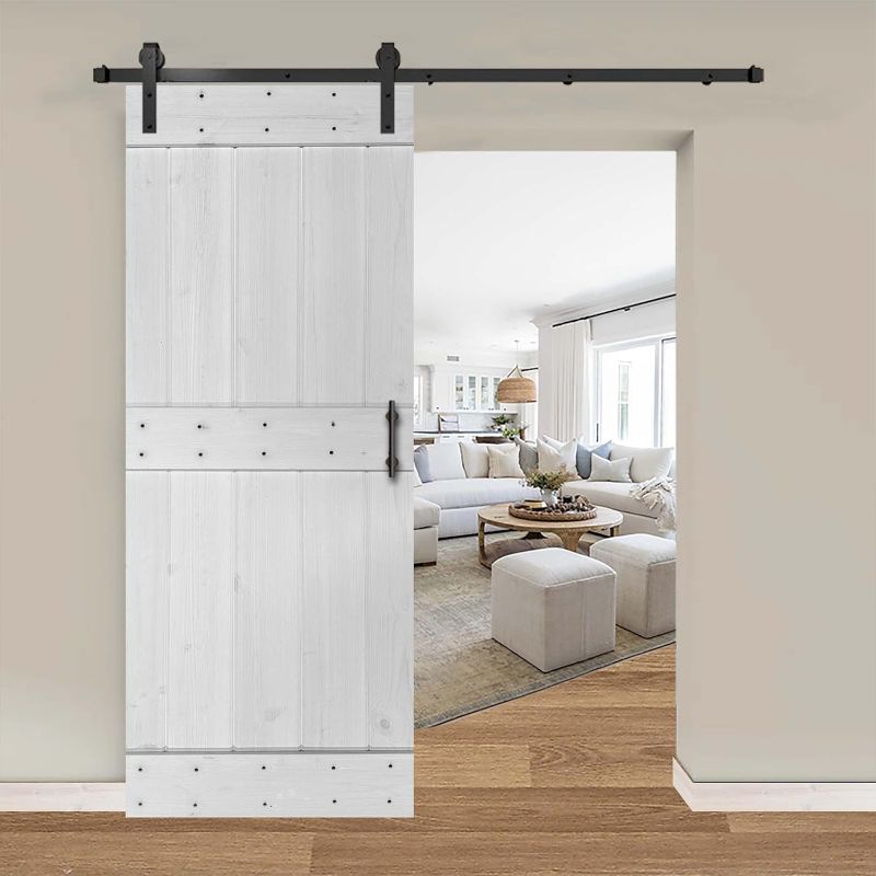 Photo 1 of ***Not Exact***
Wood Barn Door with Installation Hardware Kit,DIY Unfinished Solid Pine Wood Barn Doors with Barn Door Track Kit, Barn Door Handle and Floor Guide, E Frame White, 30in x 84in