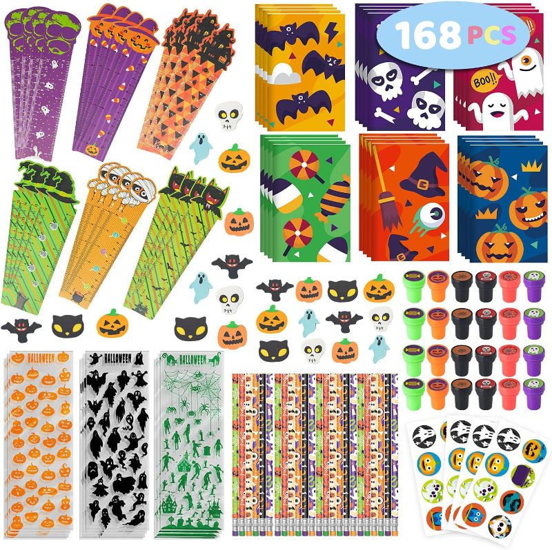 Photo 1 of  Springflower 168pcs Halloween Stationery Set for kids, Halloween Party Favors set, Halloween Stationery gift kit, Halloween Goody Bag Fillers including Pencil, Eraser, Ruler, Notepad, Stamper, Sticker