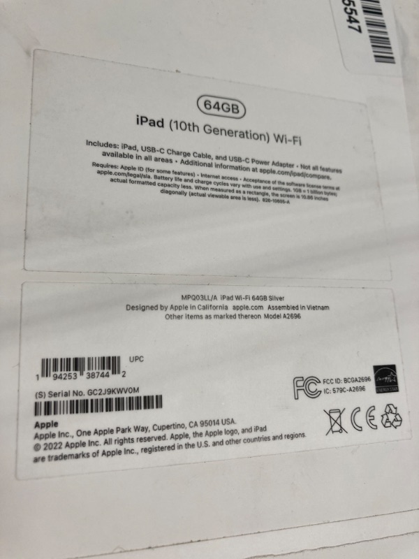 Photo 1 of ***only the piece shown in the photo, it does not have accessories nor does it have a charger*** Apple iPad (10th Generation): with A14 Bionic chip, 10.9-inch Liquid Retina Display, 64GB, Wi-Fi 6, 12MP front/12MP Back Camera, Touch ID, All-Day Battery Lif