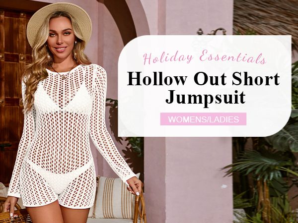 Photo 1 of ***unknown size*** Saodimallsu Womens Crochet Swimsuit Cover Up Long Sleeve Crewneck Backless Hot Shot Romper Hollow Out Bodycon Short Jumpsuit