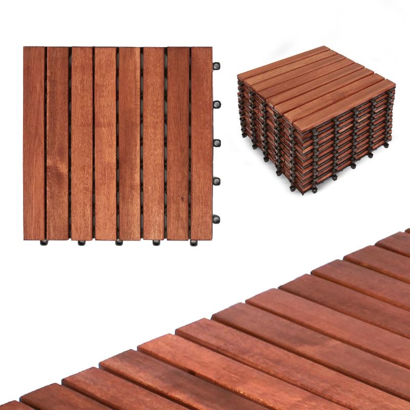 Photo 1 of 10 Pcs Interlocking Deck Tiles 12"x12", Waterproof Patio Floor Tiles, Easy Snap All Weather Acacia Wood Tiles, Balcony Flooring, Backyard Flooring, Indoor Outdoor Solid Wood Tiles (Teak)
