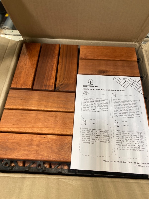 Photo 3 of 10 Pcs Interlocking Deck Tiles 12"x12", Waterproof Patio Floor Tiles, Easy Snap All Weather Acacia Wood Tiles, Balcony Flooring, Backyard Flooring, Indoor Outdoor Solid Wood Tiles (Teak)
