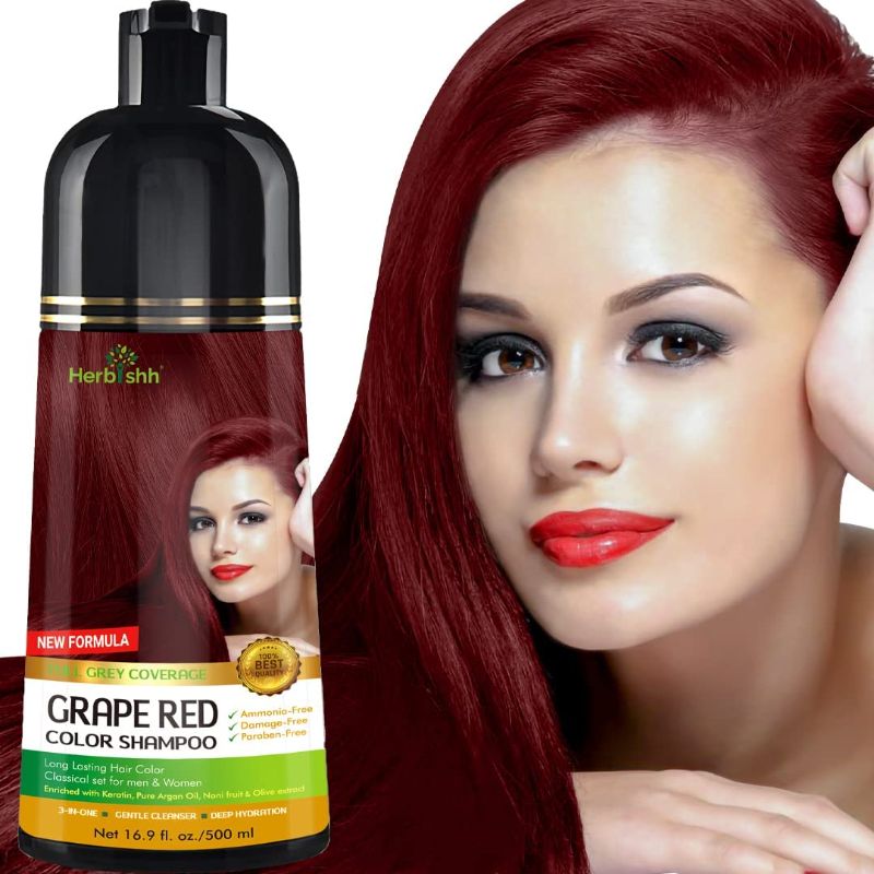 Photo 1 of ***FACTORY SEALED***
Herbishh Hair Color Shampoo (Grape Red) - Magic Hair Dye for Gray Hair - Ammonia-Free, 3-in-1 Shampoo Conditioner - Lasts 2-3 Weeks, 500 ml
