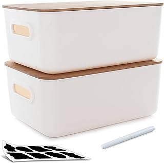 Photo 1 of  2 PCS Storage Bins with Bamboo Lids Plastic Storage Containers for Organizing Stackable Storage Box with Handle