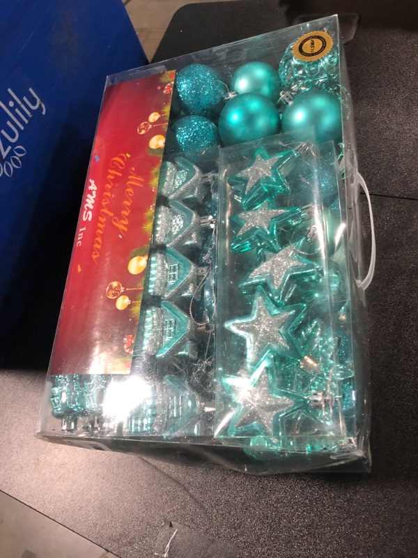 Photo 2 of AMS 90ct Christmas Ball Assorted Pendants Shatterproof Tree Ornaments Seasonal Decorations in a Reusable Hand-Help Gift Box Ideal for Holiday and Party (Turquoise, 90ct)