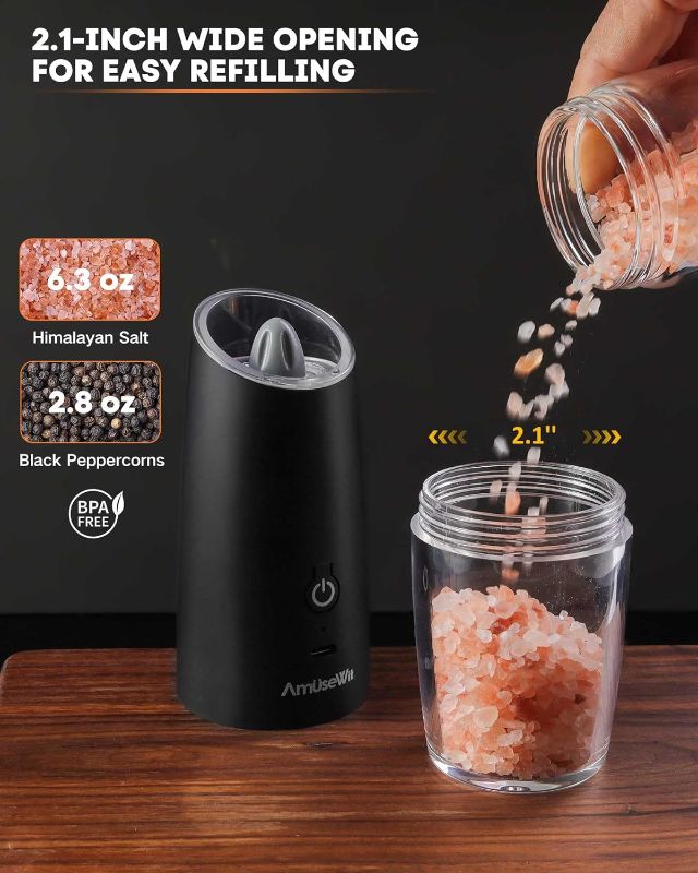 Photo 3 of (READ FULL POST) AmuseWit Gravity Electric Salt and Pepper Grinder Set [White Light] USB Rechargeable Automatic Pepper and Salt Mills,Adjustable Coarseness,One-Handed Operation,Matte Black