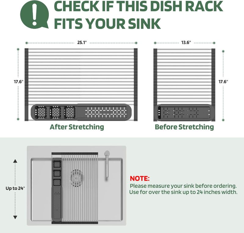 Photo 3 of (READ FULL POST) Extra Large Black Expandable Roll Up Dish Drying Rack,Over The Sink Kitchen Rolling up Dish Drainer in Sink, for Kitchen Sink Counter?Foldable Sink Cover with Removable Utensil Holder(13.6"-25.1")
