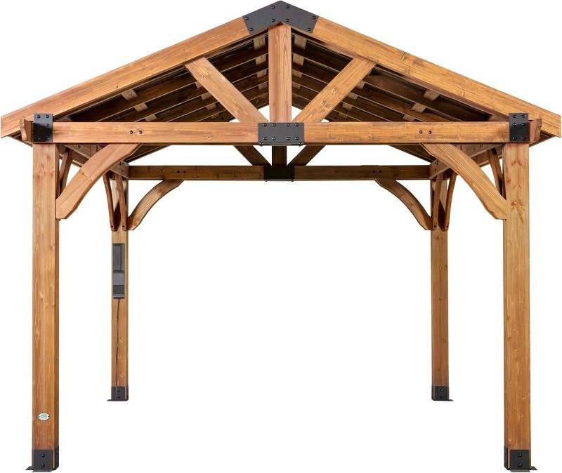 Photo 1 of *CHECK COMMENTS** Backyard Discovery Arlington 12x12 All Cedar Gazebo, Walnut, Insulated Steel Roof, Water Resistant, Wind Resistant up to 100 MPH, Withstand 7,886 lbs of Snow
