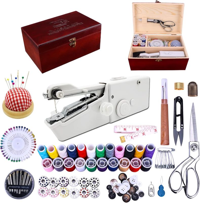 Photo 2 of (PARTS ONLY NON REFUNDABLE) Handheld Sewing Machine, Hand held Sewing Device Heavy duty, Hand Sewing Machine Portable, Wooden Sewing Box with 153 Pcs Sewing Kit