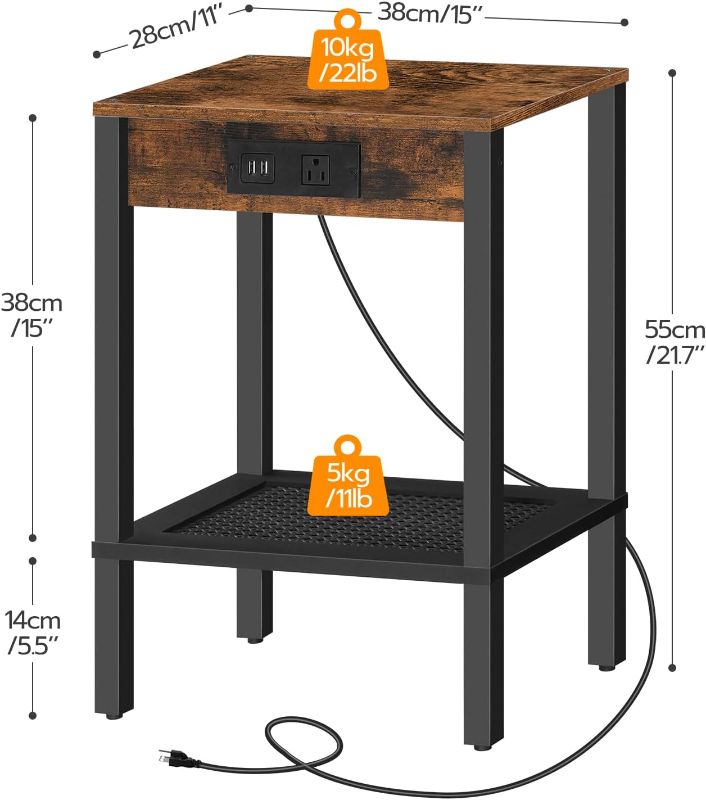 Photo 4 of (READ FULL POST) HOOBRO Side Table with Charging Station, Set of 2 End Tables with USB Ports and Outlet, Nightstand with 2-Tier Storage Shelf, for Living Room, Bedroom, Small Space, Rustic Brown and Black BF91UBZP201