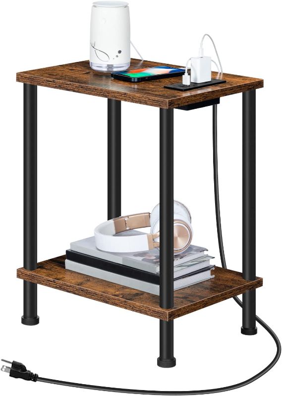 Photo 1 of (READ FULL POST) HOOBRO Side Table with Charging Station, Set of 2 End Tables with USB Ports and Outlet, Nightstand with 2-Tier Storage Shelf, for Living Room, Bedroom, Small Space, Rustic Brown and Black BF91UBZP201