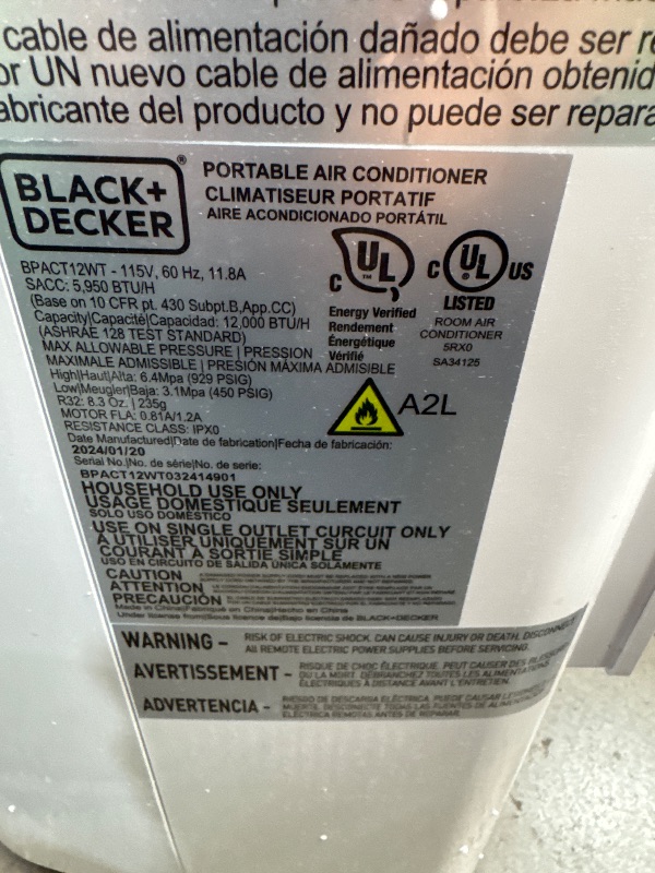 Photo 5 of ***USED - MISSING PARTS - UNTESTED - SEE COMMENTS***
BLACK+DECKER 12,000 BTU Portable Air Conditioner up to 550 Sq.Ft. with Remote Control, White