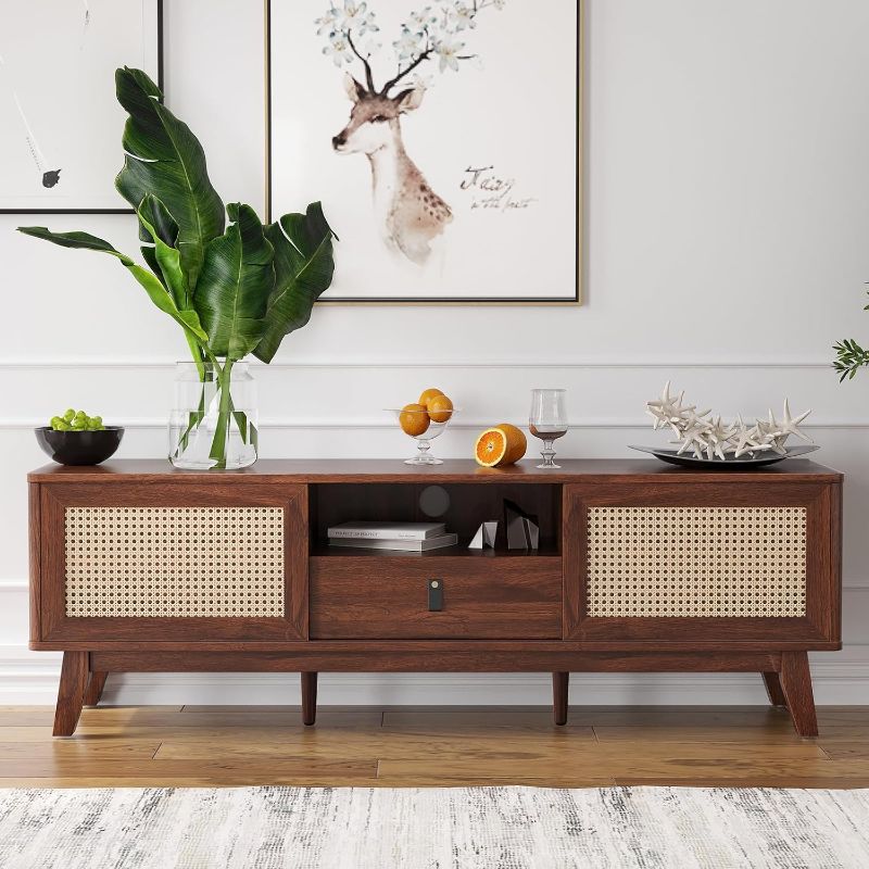 Photo 1 of  Natural Rattan TV Stand 70 Inch for Living Room, Mid Century Modern TV Stand with Storage & Detachable Drawers,Farmhouse Media Console Entertainment Center with Hand Made Rattan Doors