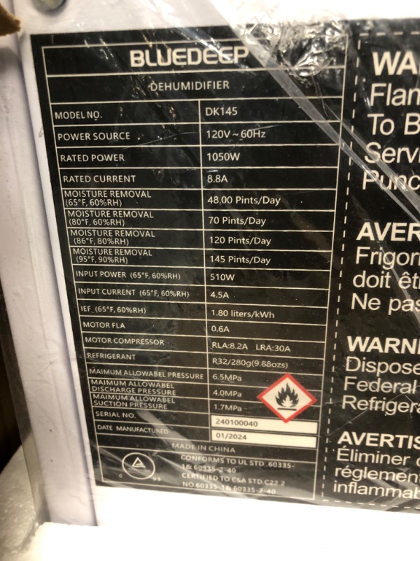 Photo 4 of ***USED - LIKELY MISSING PARTS - UNABLE TO VERIFY FUNCTIONALITY***
BLUEDEEP Basement/Crawl Space Dehumidifier,145 Pints (Saturation) 70 Pints Auto Defrost Commercial Dehumidifier with Drain Hose for Water Damage Storage