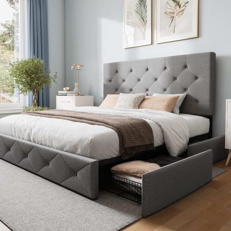 Photo 1 of *Partial set** Full Size Bed Frame with 4 Storage Drawers, Platform Full Bed Frame with Diamond-Stitch Button Tufted Headboard, Mattress Foundation, No Box Spring Needed, Easy Assembly, Light Grey