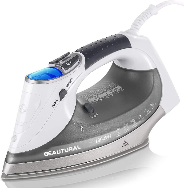 Photo 1 of BEAUTURAL 1800-Watt Steam Iron with Digital LCD Screen, Double-Layer and Ceramic Coated Soleplate, 3-Way Auto-Off, 9 Preset Temperature and Steam Settings for Variable Fabric Gray