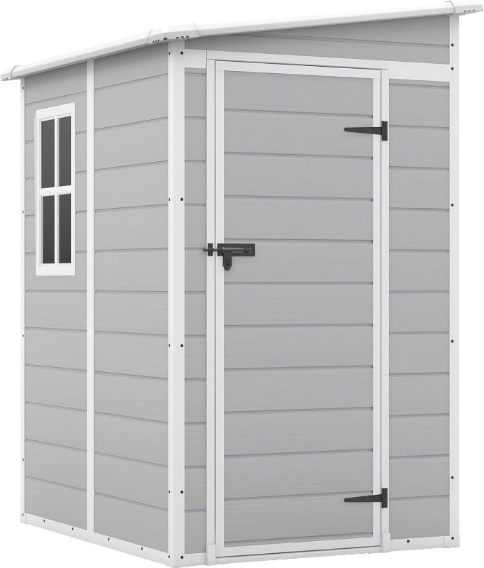 Photo 1 of *partial set** Patiowell 5x4 FT Outdoor Storage Shed, Resin Storage Shed with Floor & Lockable & Window Door for Patio Furniture, Garden Tools and Bicycle, White & Grey