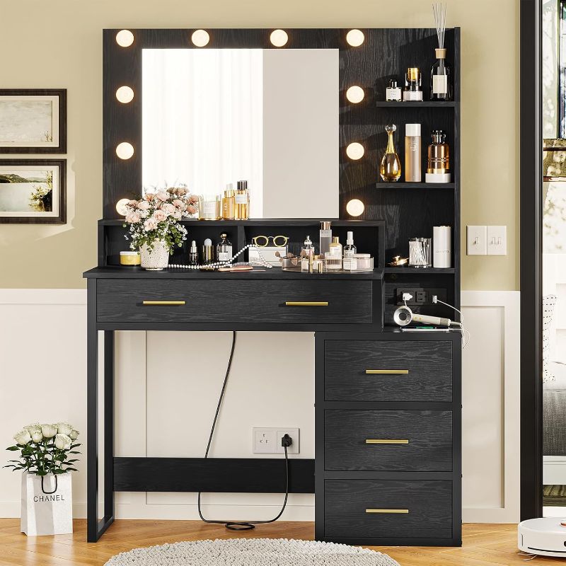 Photo 1 of *STOCK PHOTO JUST FOR REFERENCE** Makeup Vanity with Lights and Charging Station, Black Vanity Desk with Mirror and Lights, Makeup Table with 5 Drawers and Shelves, Vanity Mirror with Lights Desk WHITE 