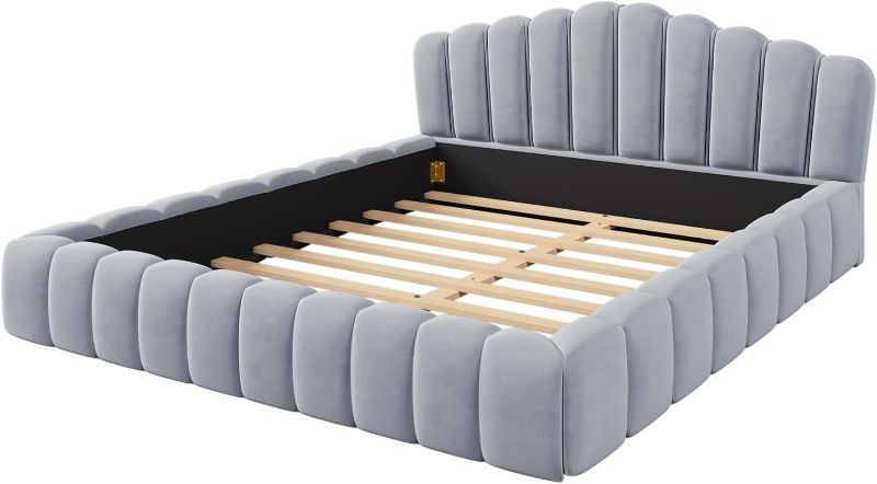 Photo 1 of ***NONREFUNDABLE - INCOMPLETE - SEE COMMENTS***
Velvet Upholstered Bed Frame Shell-Shaped Headboard for Bedroom,Modern Style Wooden Platform Bed,Mid Century Modern Bed Frame,Wooden Bed Frame,No Box Spring Needed