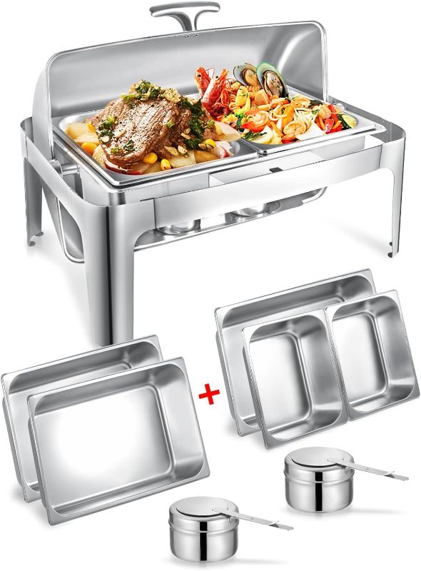 Photo 1 of 13QT Roll Top Chafing Dish Buffet Set, Catering Food Warmer for Parties, Wedding, Birthday, Christmas, 1 Full Size & 2 Half-Size Chafing Server Dish, 1 Water Pan