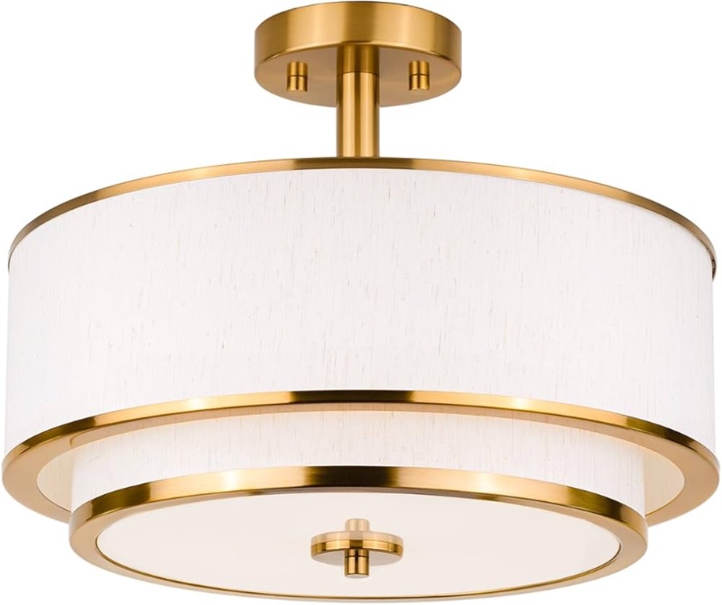 Photo 1 of 
3-Light Semi Flush Mount Ceiling Light Fixture, 16" Drum Light with White Fabric Shade, Modern Close to Ceiling Light for Living Room Bedroom Dining Kitchen Hallway Entry (Brushed Gold)