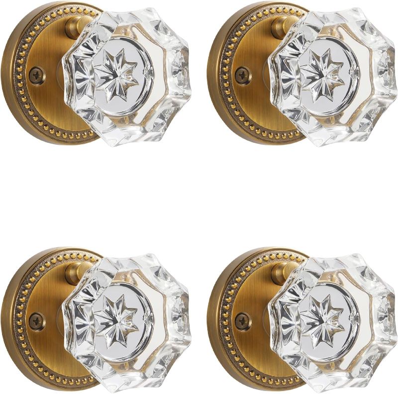 Photo 1 of 4 Pack Antique Brass Door Knobs Crystal Door Knob Interior Privacy Door Knob for Bedroom and Bathroom Glass Door Knob,Zinc Alloy
