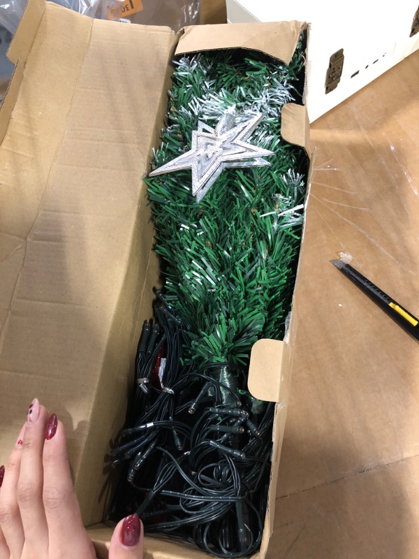 Photo 1 of 4 Pack Solar Christmas Tree Pathway Lights Outdoor Decorations Waterproof Artificial White Mini Xmas Tree Stake Lights with DIY Ornamets for Garden Yard Decor (Snowy)